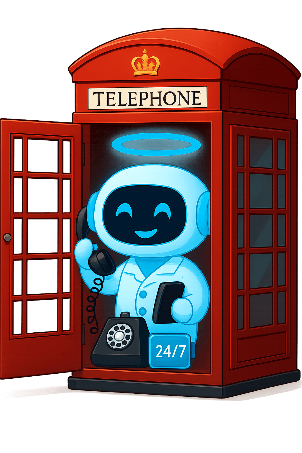 Ilustración de robot asistente de voz en cabina telefónica